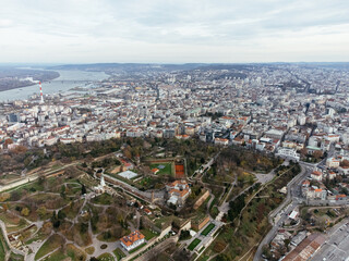 Fototapeta na wymiar Aerial top view to Kalemegdan fortress at Belgrade. Summer photo from drone. Serbia