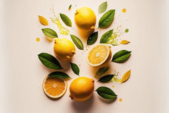 Lemons that are still fresh and in their natural state, isolated against a backdrop of bright yellow lighting. Zero gravity conception or food levitation high quality picture. Generative AI