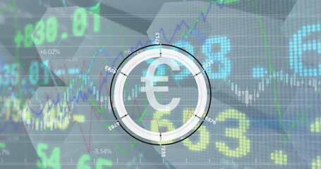 Animation of euro sign, scope scanning and financial data processing - Powered by Adobe
