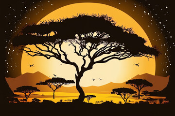 Savanna woodland in silhouette at suncartoon time. Generative AI