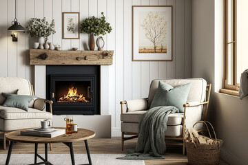 Obraz premium cozy interior of a farmhouse living room. Generative AI