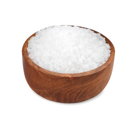 Wooden bowl with natural sea salt isolated on white