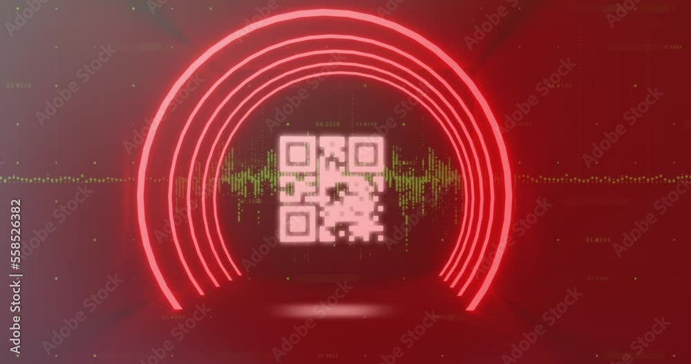 Poster animation of qr code in circular tunnel over graphs against abstract background