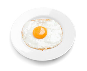 Plate with delicious fried egg isolated on white