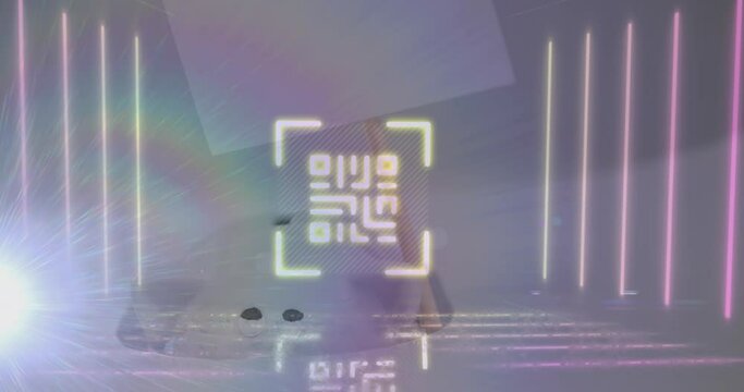 Animation of qr code and lines with lens flares against abstract background