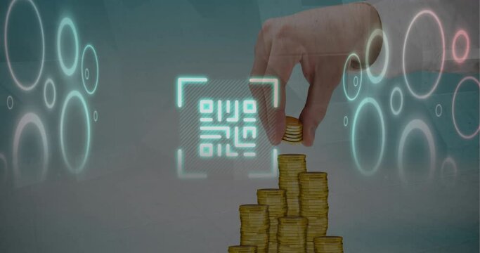 Animation of qr code and circles over cropped hand of caucasian man placing coins on piles
