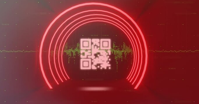 Animation of qr code in circular tunnel over graphs against abstract background