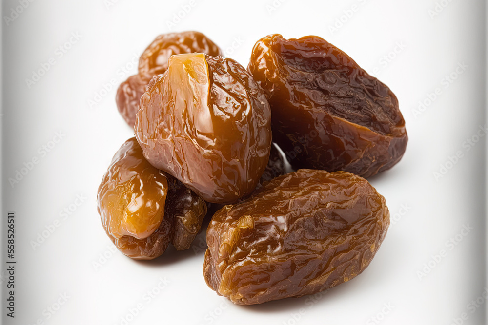 Poster delicious dried dates piled high and isolated on a white backdrop. arab cuisine. generative ai