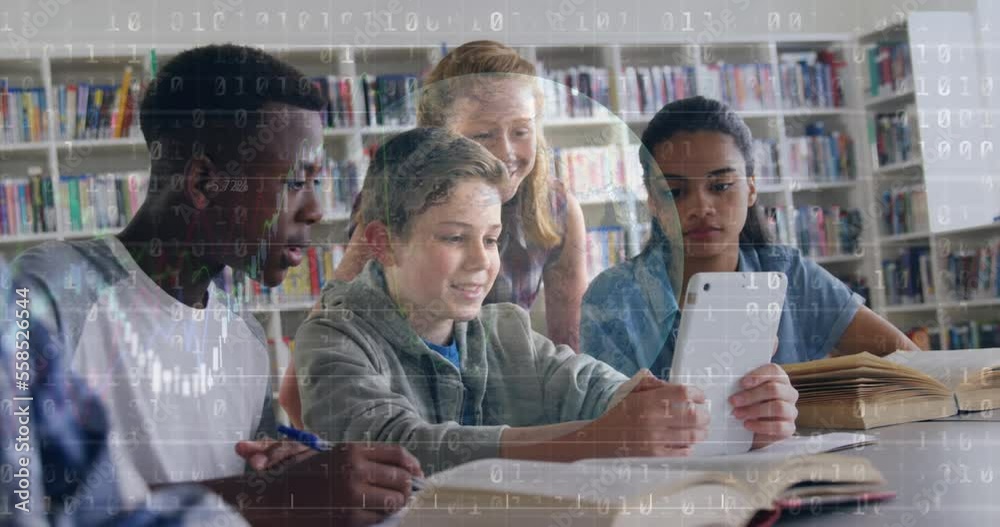 Poster animation of data processing and globe over diverse students using tablet