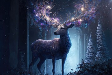 Magical reindeer at night in the forest. Majestic deer for Christmas or New Year. Generative AI. - obrazy, fototapety, plakaty
