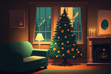 Fototapeta premium Christmas tree in the living room at night. Generative AI