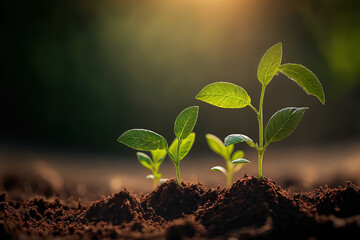 Plant seedlings or little trees that depict the idea of ecosystems and plant development while growing on rich soil and gentle sunlight with blurred green backgrounds. Generative AI