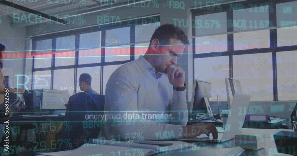 Wall mural Animation of stock market data processing over thoughtful caucasian man using laptop at office