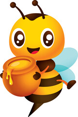 Cute bee carrying honey pot with fresh nature honey dripping out from pot cartoon character illustration