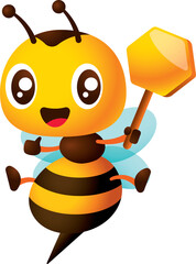 Cartoon cute smiling bee cartoon with big eyes holding empty honey comb sign. Bee character open legs wider