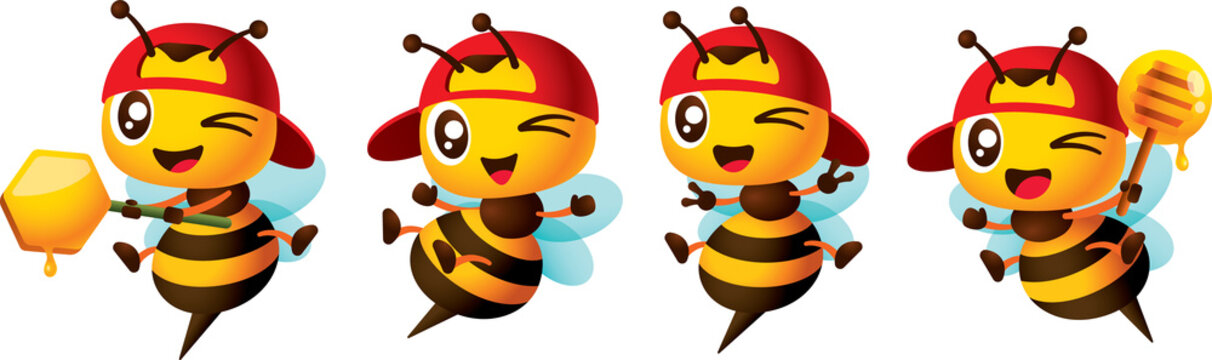 Cartoon cute red cap worker bee wink eyes collection set with different poses. Bee character holding honey dipper and honey comb signage, showing victory hand signs, open arms and legs mascot