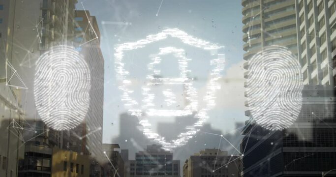 Animation of security padlock and biometric fingerprint scanner against tall buildings