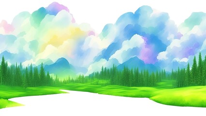 Fototapeta na wymiar Rainbow over the mountains, hills, and rice fields