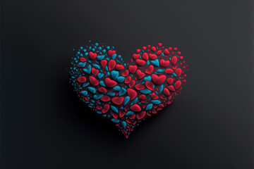 Heart made of blue and red heart-shaped petals, on a black background. Valentine's Day idea. Generative AI