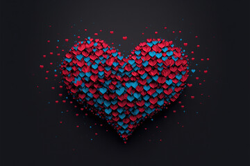 Obraz na płótnie Canvas Heart made of blue and red heart-shaped petals, on a black background. Valentine's Day idea. Generative AI