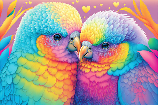 Couple of colorful parakeets, representing love and relationship. Rainbow pastel colors. 