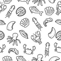 Seafood seamless doodle pattern with black and white color. Set of  seafood doodle illustrations