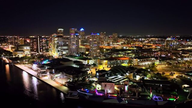 Slow moving aerial video towards the city skyline of Tampa, Florida. Jan 2023