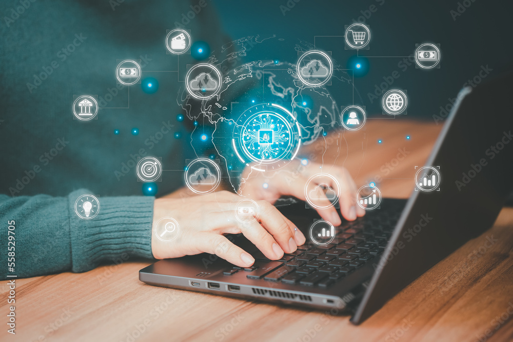 Aufkleber Ai technology, cloud computing. Digital transformation change management, internet of things. Technology bigdata and business process strategy, Financial management, smart industry.