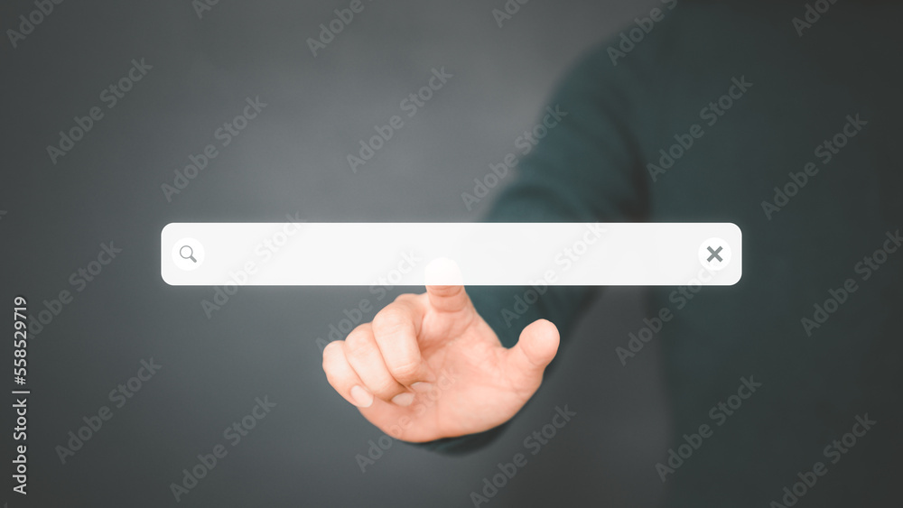 Poster Information Search Technology SEO Search Engine Optimization. Search button on virtual screen pressed with finger for data and information. Using Search Console with your website. Web search concept.