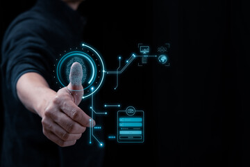 Fingerprint scanning and biometric authentication, processing of biometric for access personal data. surveillance and security scanning of digital programs cyber futuristic applications