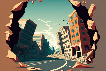 urban earthquake Cartoon natural catastrophe scene showing the earth and structures damaged. following a tragedy or earthquake, a city is destroyed. creation of the insurance idea. Generative AI