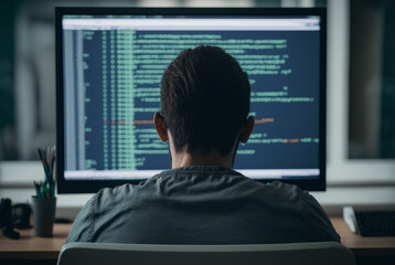 Fototapeta na wymiar Back view of a male software developer, dark office, computer screen, writing code, Generative AI