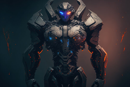 futuristic fantasy mecha robot constructed from the head, arms, legs, and weapons illustration. Generative AI