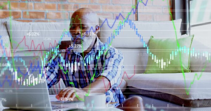 Animation of financial data processing over african american man using laptop