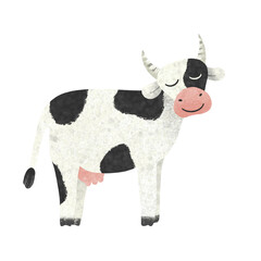 Hand drawn textured illustration of cow isolated on white background. Cute animal png. Black and white buffalo