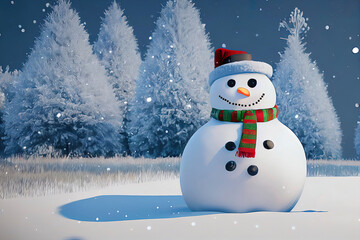 Obraz premium christmas Snowman character, cute snowman in christmas scenery animated illustration.