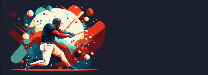 Baseball player hitting the ball, abstract background, copy space, cartoon illustration created with Generative AI Technology