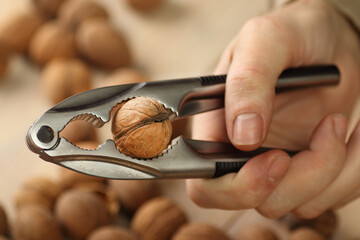 nutcracker in hand with a walnut