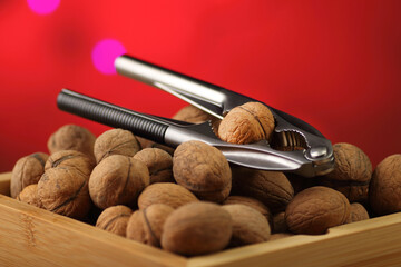 metal nutcracker on a bowl with nuts