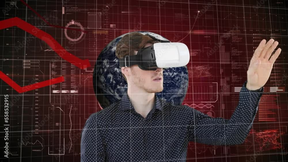 Poster Animation of financial data processing over caucasian businessman using vr headset