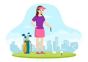 Golf Sport Illustration with Flags, Cart, Sticks, Green Field and Sand Bunker for Outdoors Fun or Lifestyle in Flat Cartoon Hand Drawn Templates