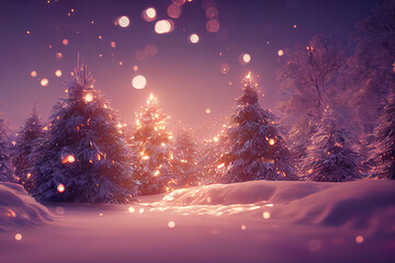 christmas landscape illustration, beautiful winter scenery with christmas trees and snow