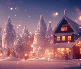 A beautiful outdoor Christmas scene. illustration of a Christmas house with snow, winter landscape in a village.