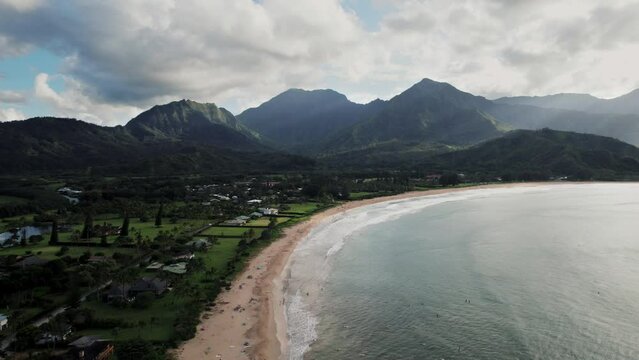 Drone shot of mountains at Hanalei Bay in Kauai, Hawaii