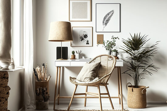 With a wooden desk, a chic chair, a bamboo shelf, carpet, macrame, a mock up poster frame, office supplies, decorations, and personal accessories, this contemporary composition of a home office area i