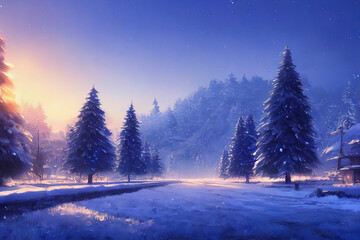 Fototapeta na wymiar beautiful winter landscape with snow and pine trees, landscape illustration with christmas theme
