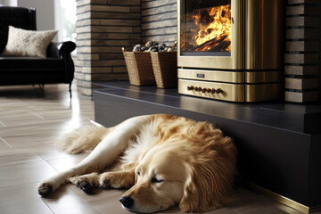 The living room of the home with the golden retriever dog napping on contemporary vinyl panels and a visible fireplace in the background. Generative AI