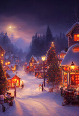 Fototapeta na wymiar A beautiful Christmas village in the mountains. Winter landscape. houses with christmas decorations