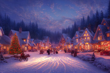 A beautiful Christmas village in the mountains. Winter landscape. houses with christmas decorations