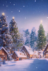 A beautiful Christmas village in the mountains. Winter landscape. houses with christmas decorations